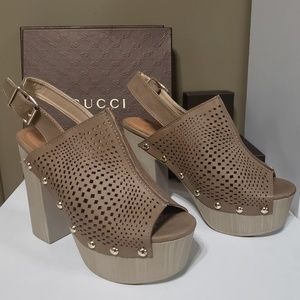 Nude laser cut platform heel clogs